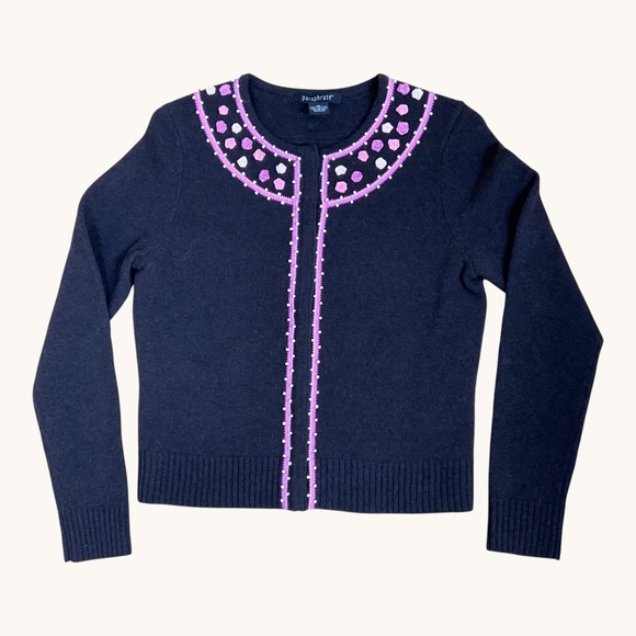 Brown Cardigan Sweater Wool Pink Rose Appliques Beaded (M) - Picture 3 of 8